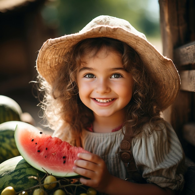 Niña comiendo sandía en una granja