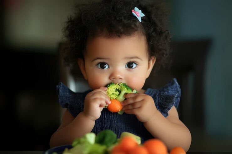 Niña comiendo tomates cereza en casa con comida saludable en la mesa