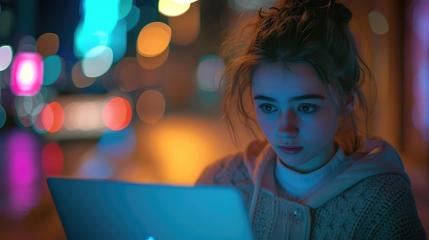 Niña con una computadora en el bokeh de las luces