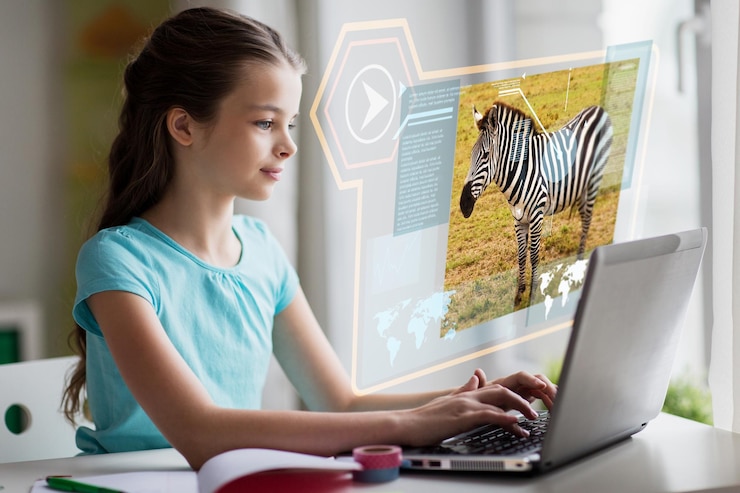 Foto niña con computadora portátil aprendiendo naturaleza en línea en casa