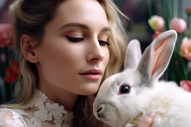 Una niña con un conejo blanco al lado de su rostro Spring Beauty Un cautivador retrato de una modelo femenina con un conejo de Pascua