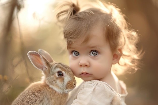 Niña con un conejo en los brazos