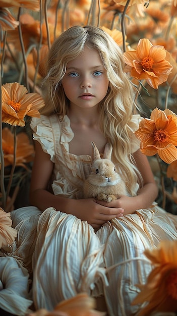 Niña con conejo rodeada de flores de naranja Estilo de vida infantil y fotografía de la naturaleza AI Generat