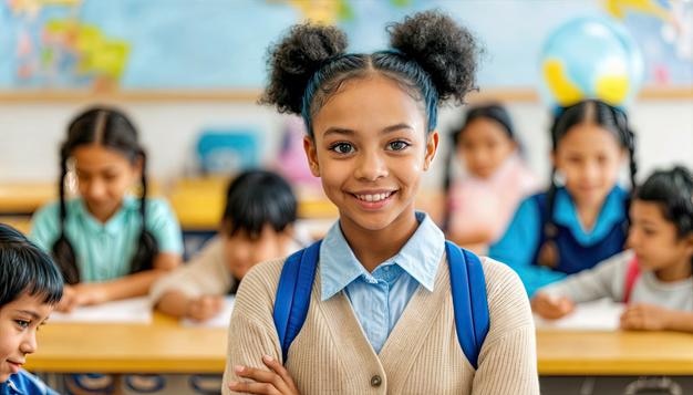 Niña confiada con colas en la escena del aula