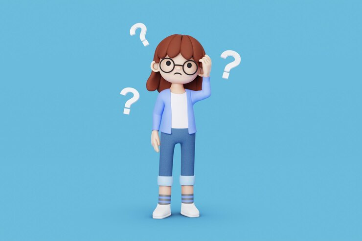 Foto niña confundida con signos de interrogación 3d render