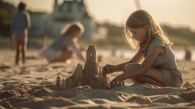 Una niña construyendo un castillo de arena en la playa