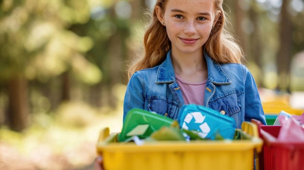 Foto una niña con un contenedor de reciclaje amarillo y verde