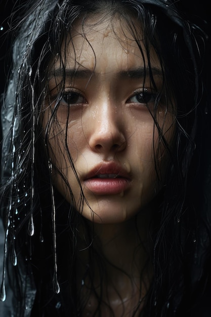 Niña coreana llorando bajo la lluvia