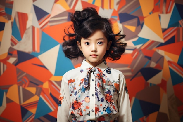 Una niña coreana tiene un bonito peinado y lleva una moderna camisa estampada de alta calidad.