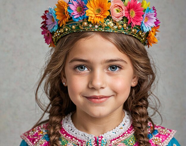 una niña con una corona de colores