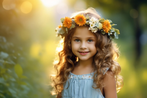 Una niña con una corona de flores en la cabeza.