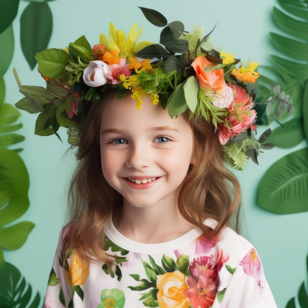 Una niña con una corona de flores que dice "te amo".