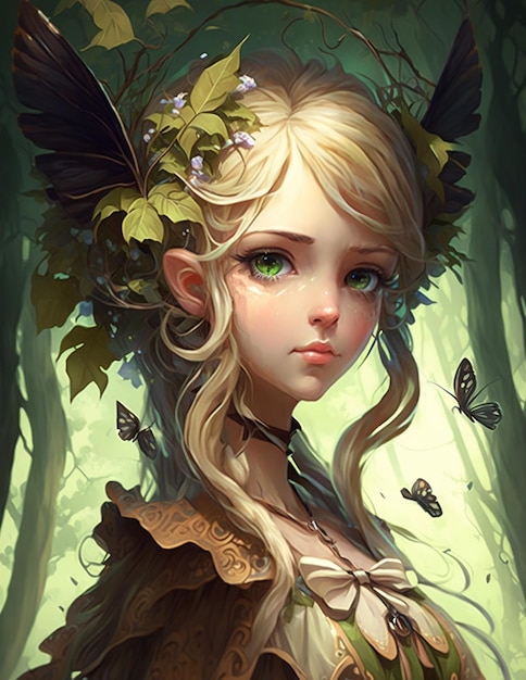 Una niña con una corona de hojas en la cabeza.