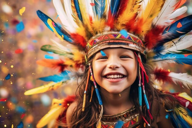 Una niña con una corona de plumas indias rodeada de una explosión de plumas de colores que Ai generó.