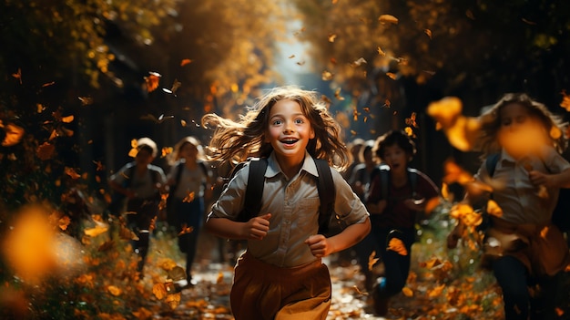 una niña corre por el bosque con las palabras feliz cumpleaños en la espalda