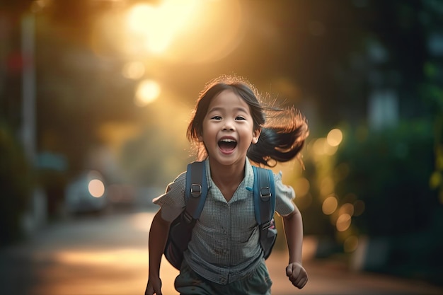 Una niña corre por una calle con una mochila en la cabeza.