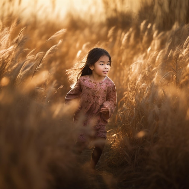 Una niña corre por un campo de trigo.