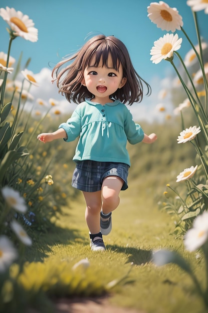 Una niña corriendo por un campo de flores.