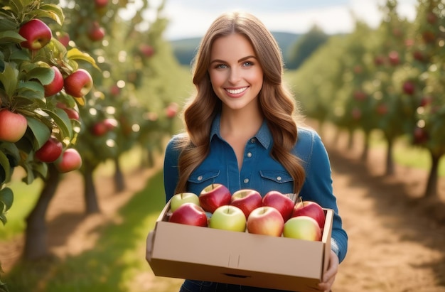 Niña cosechadora de manzanas que sostiene una caja de manzanas en un huerto de manzanas