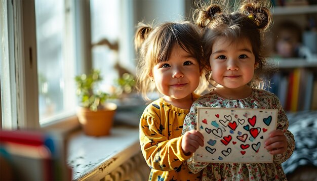 Niña creativa con dibujo asiática encantadora dulce hija de preescolar felicita a mamá con la vida