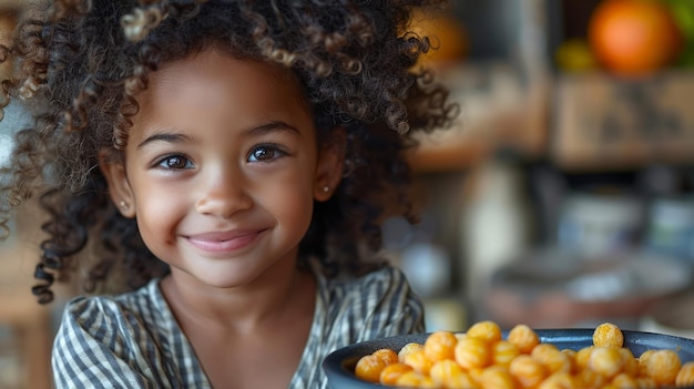 Niña con un cuenco de macarrones y queso