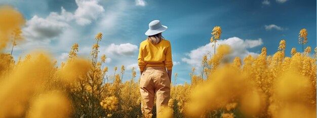 Una niña de cuerpo entero de pie con la espalda en un panorama de campo de flores amarillas foto de alta calidad