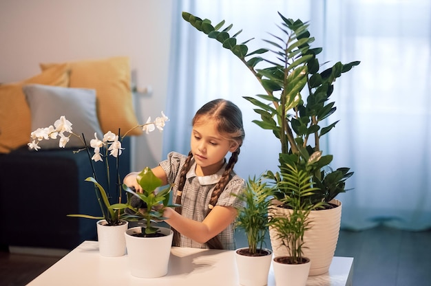 Niña cuidando flores en macetas. Las plantas de la casa. Flores caseras. Niña regando flores en la habitación