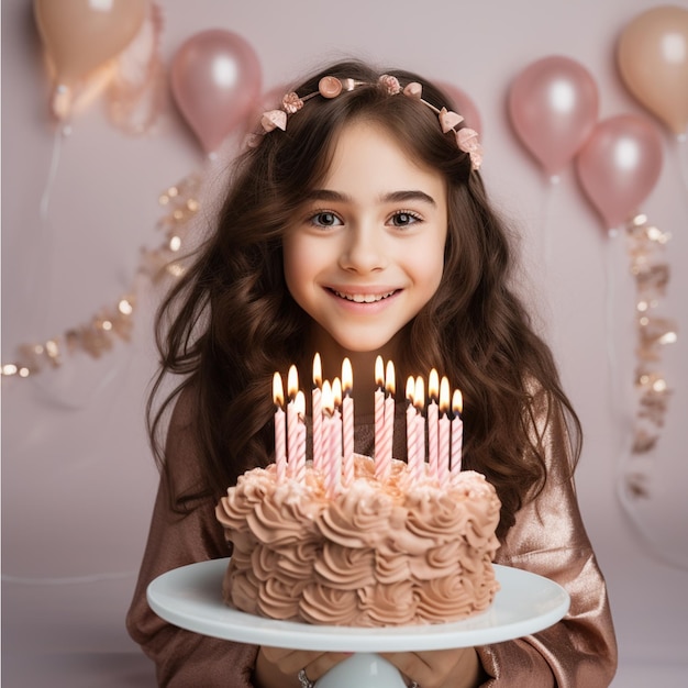 la niña de cumpleaños con el pelo largo y marrón sopla velas con pastel rosa