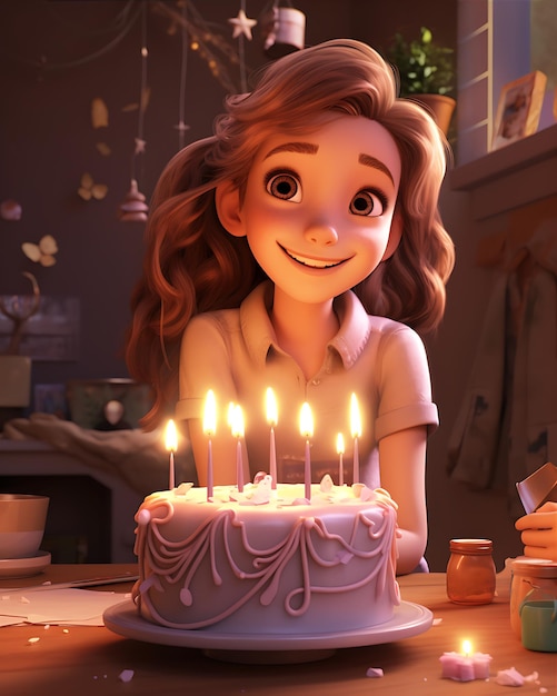 Foto niña de cumpleaños sentada frente al pastel