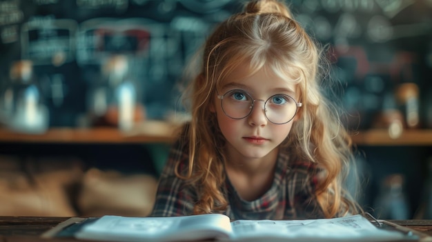 Niña curiosa con gafas en un entorno de clase