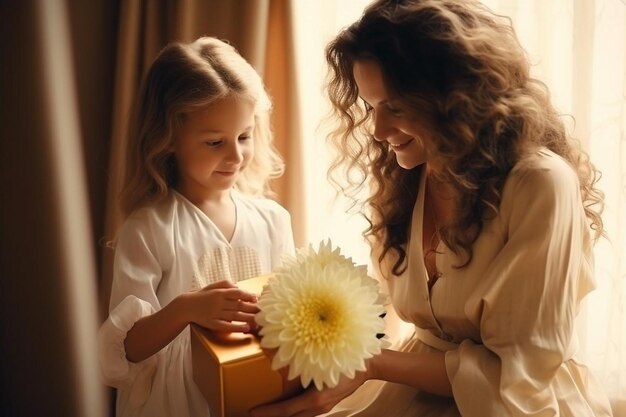 La niña le da a su mamá una caja de regalo y un ramo de flores de