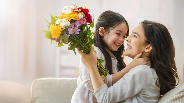 Niña dando flores a su madre