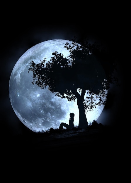 niña, debajo, árbol, silueta, y, luna llena