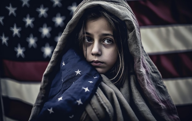 Una niña se para debajo de una bandera que dice 'soy un niño'