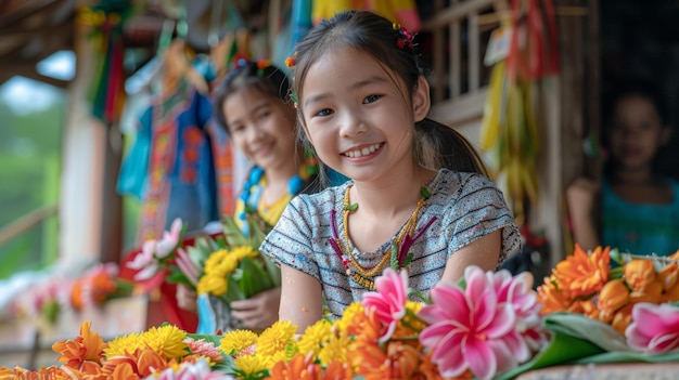 Niña con decoraciones florales celebrando una fiesta tradicional en un entorno cultural vibrante