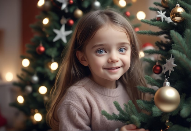 niña decorando el árbol de navidad en la sala de estarniña decorando el árbol de navidad en la sala de estar