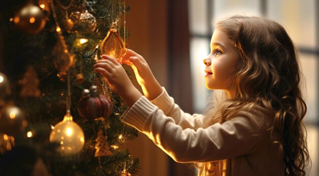 Niña decorando el árbol de Navidad