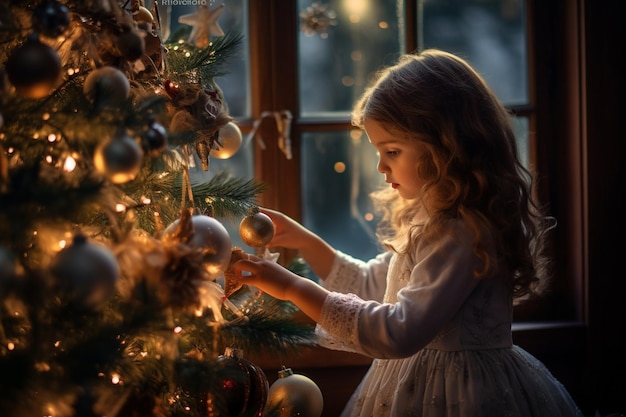 Niña decorando el árbol de navidad