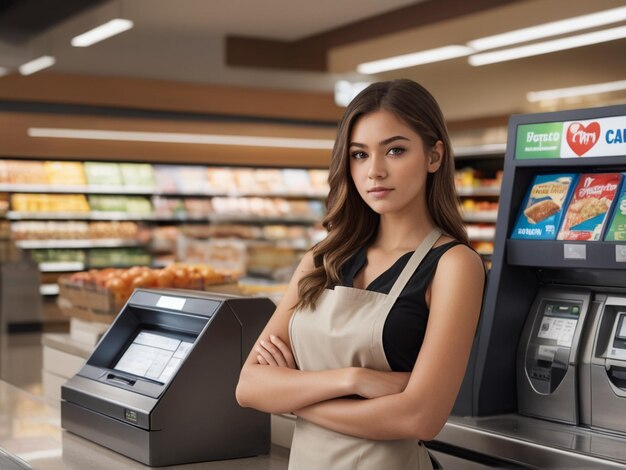 Foto niña con delantal de pie junto a la caja en el supermercado y los brazos cruzados por el pecho