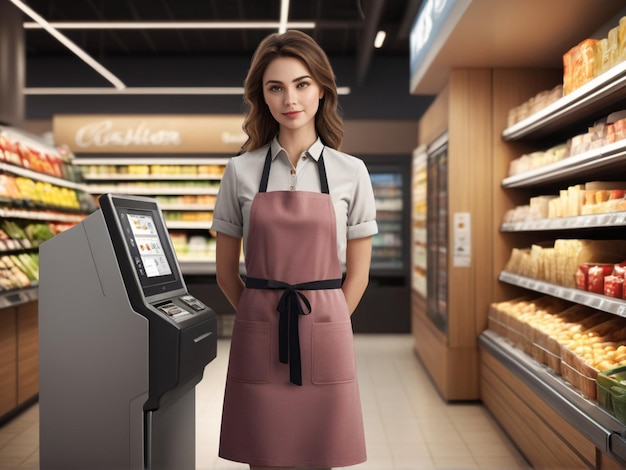 Foto niña con delantal de pie junto a la caja en el supermercado y los brazos cruzados por el pecho