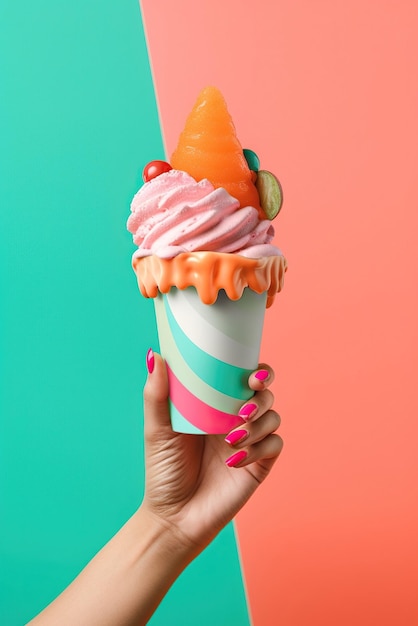 Niña con un delicioso helado dulce con una tapa colorida