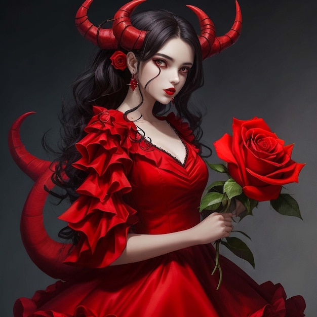 Niña demonio con un vestido de rosa rojo