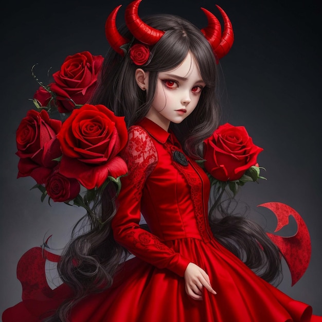 Niña demonio con un vestido de rosa rojo