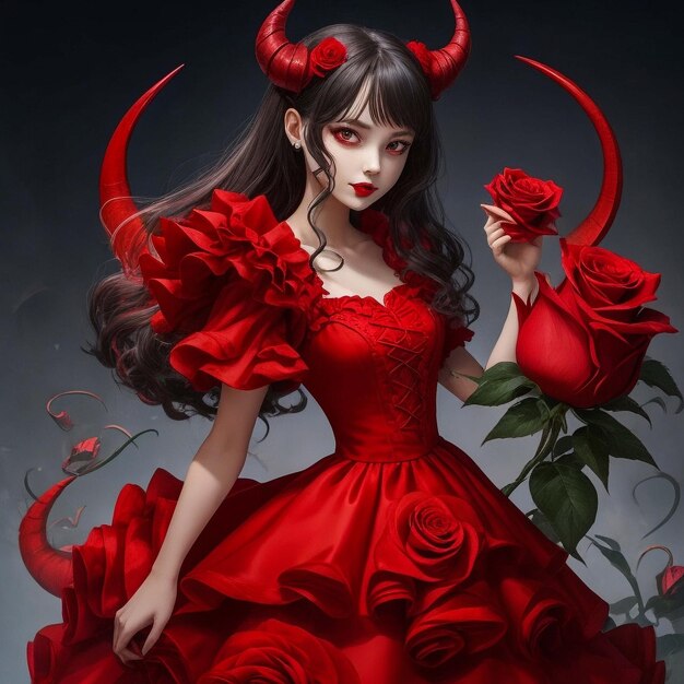 Niña demonio con un vestido de rosa rojo