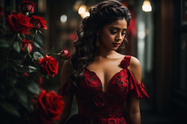 Niña demonio con un vestido de rosa rojo