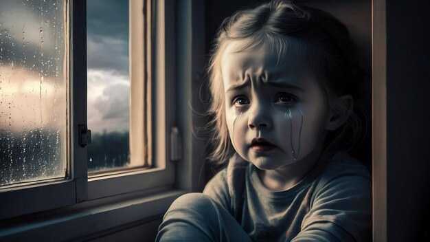 Foto niña deprimida cerca de la ventana en casa de cerca
