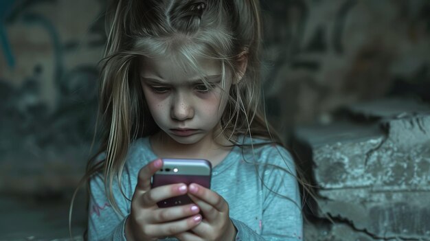 Niña deprimida mira el teléfono concepto de acoso cibernético vergüenza