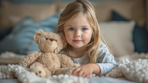 Niña descansando con un oso de peluche en la cama