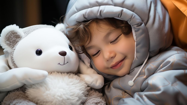 Una niña descansando con un oso de peluche