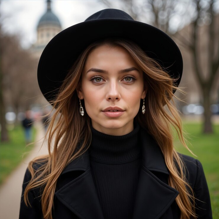 Niña de día de otoño con sombrero negro en el parque